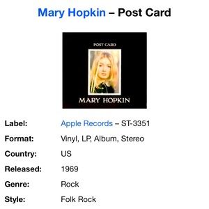 Mary Hopkin postcard vinyl no jacket produced/discovered by Paul McCartney 60s